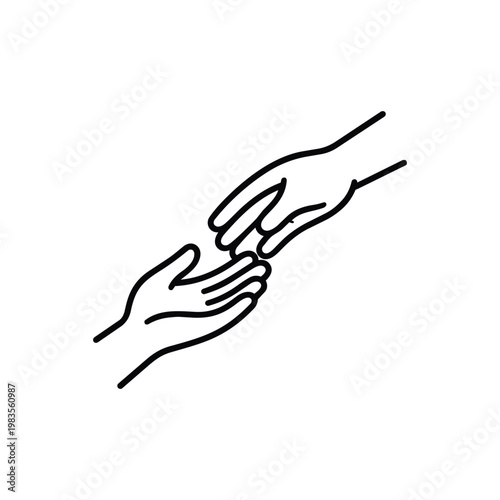 Helping hands line icon community and volunteering support black and white vector illustration for charity and social care