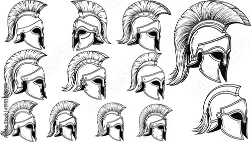 Set of Detailed Spartan Helmet Illustrations in Various Angles and Styles for History, Ancient Warfare, and Iconic Warrior Themes