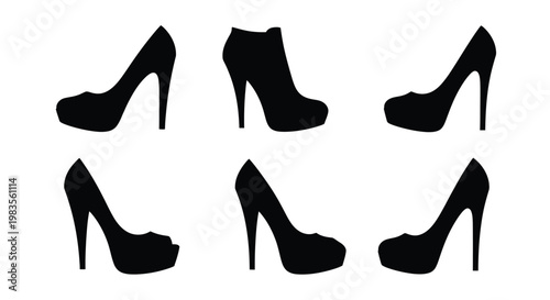 Six black silhouette shoes arranged in a grid pattern on white