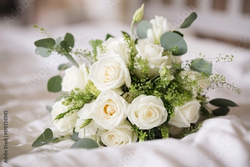 White Roses Arranged With Greenery on a Light Fabric Surface in a Bright Setting