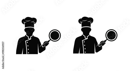 Two black silhouettes of chefs holding frying pans facing forward