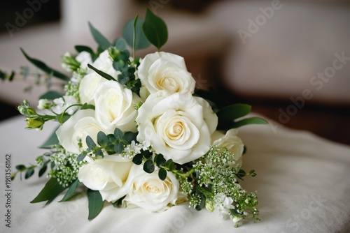 White Roses Arranged With Greenery on a Light Fabric Surface in a Bright Setting