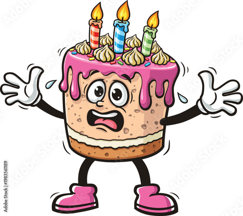 Cartoon birthday cake mascot is panicking and scared