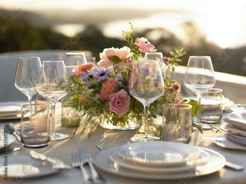 Elegant Outdoor Dining Setting With Flowers and Glasses During Sunset