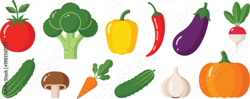 Fresh vegetables set tomato broccoli pepper eggplant carrot garlic pumpkin vector illustration healthy food collection design