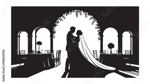 Black and white of bride and groom under arch wedding