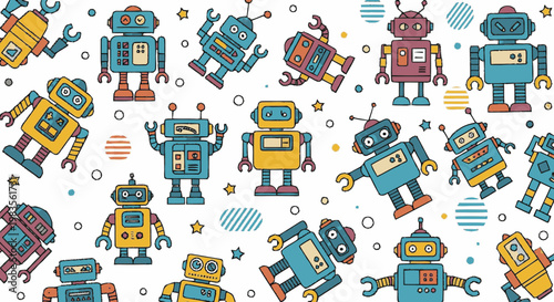 Colorful cartoon robots standing together.