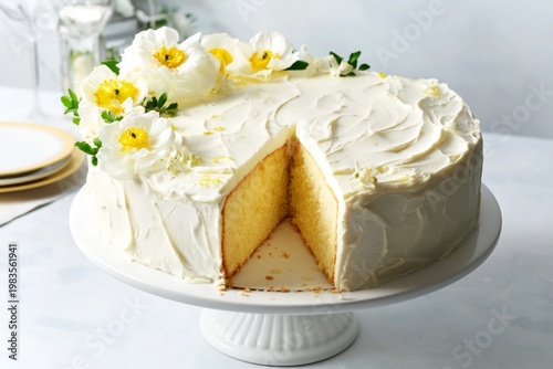 Delicious White Cake With Flowers Displayed on a Stand Cut Into Slices on a T...