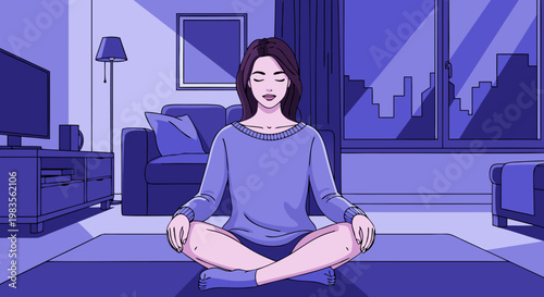 Calm woman meditates in blue living room at dusk, city lights beyond window