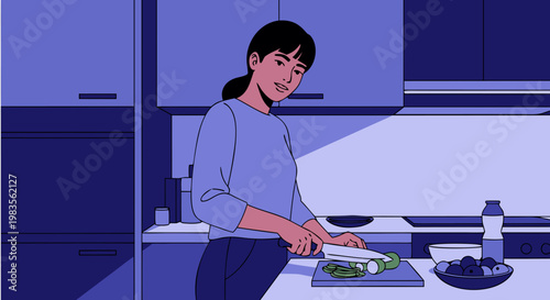 Serene woman preparing fresh ingredients on blue kitchen counter in soft daylight