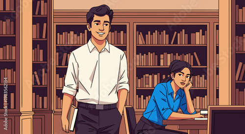 Two cartoon men study quietly amid tall bookshelves in a calm library illustration