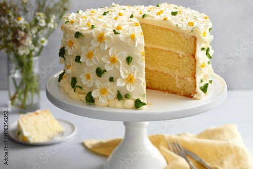 Delicious Cake With Flowers on Top Served With a Slice on a Plate