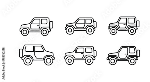 Simple line art illustration of six off road vehicles in various poses
