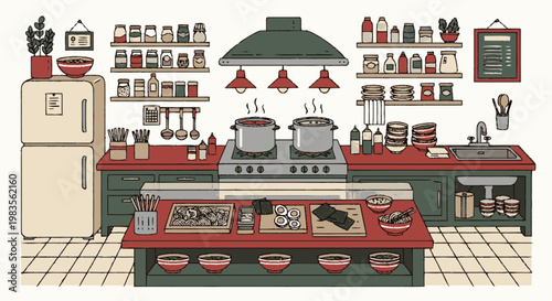 Kitchen Counter with Cooking Pots.