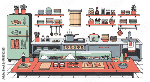 Kitchen Counter with Cooking Utensils Displayed.