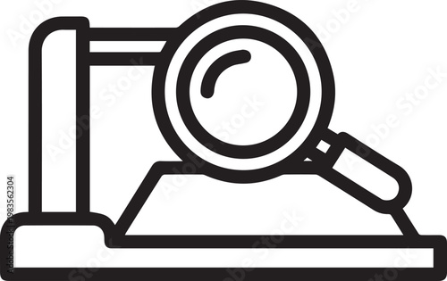 Premium Black and White Vector Cloth Inspection Lamp with Magnifying Lens Icon for Quality Control, Textile Analysis, Apparel Inspection, Fabric Defect Detection, Manufacturing Quality