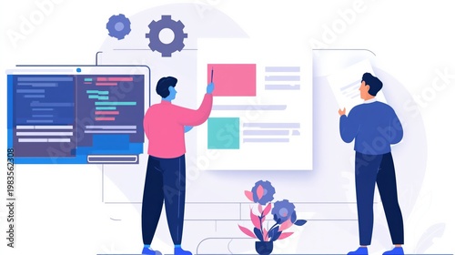 Two Developers Collaborating on Web Development and Coding Project