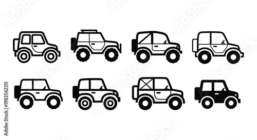Collection of simple black and white off road vehicle icons displayed