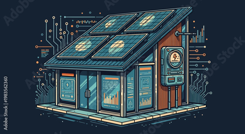 A futuristic house with solar panels on the roof and a bitcoin machine.