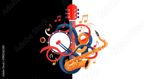 Vibrant music symbols and instruments composition.
