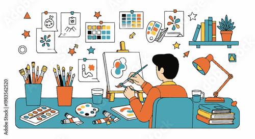 Man painting on canvas board.