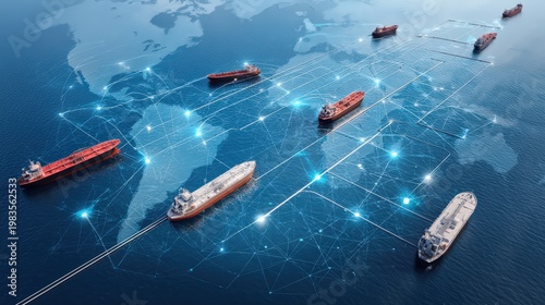 Global Shipping Network with Cargo Ships on World Map Background
