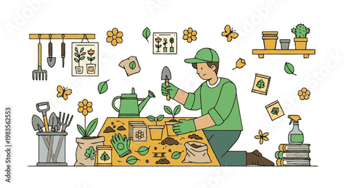 Man Planting in Greenhouse Setting.