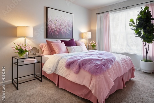 Cozy White Bed With Pillows and Lamps in a Softly Lit Bedroom Setting