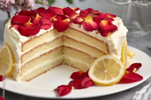 Fresh Lemon Cake With Cream Frosting and Rose Petals on a Display Plate in a ...