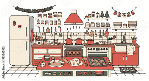 Red kitchen with oven and refrigerator.