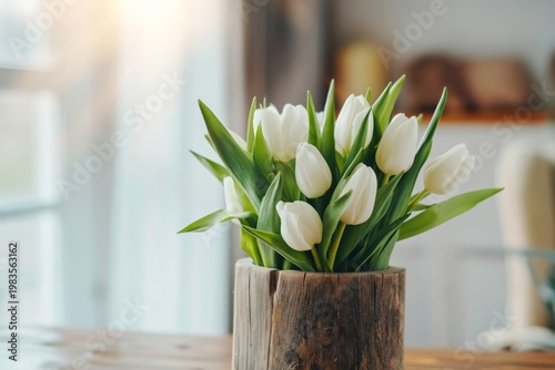 White Tulips in Wooden Vase Placed on Table With Sunlight in a Room