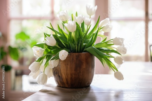 White Tulips in a Wooden Pot on a Table Near a Window With Soft Light