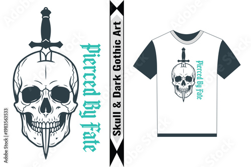 Gothic tshirt design with skull pierced by sword on white and black apparel