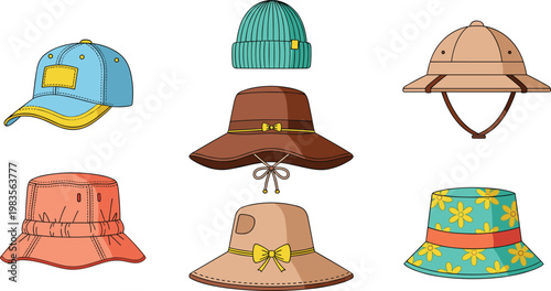 Hat collection set bucket cap safari beanie summer fashion accessories vector illustration stylish headwear design elements