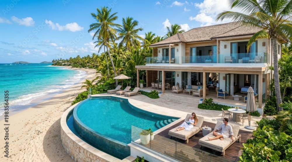 Fototapeta premium Luxury beachfront villa with infinity pool and palm trees on a tropical island