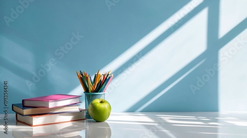 School Supplies on a Table With an Apple and Colored Pencils in a Bright Room...