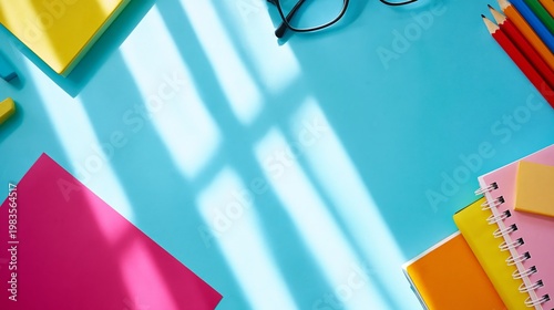Colorful Workspace With Stationery Items and Sunlight on a Blue Table