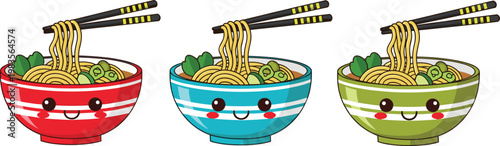 Cute ramen bowls set kawaii noodle soup characters vector illustration smiling food collection adorable design elements