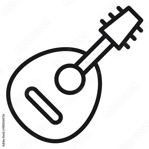 Minimalist black line vector icon of a mandolin or lute musical instrument, isolated on a white background. Clean and scalable graphic illustration for music, folk, and acoustic design projects.
