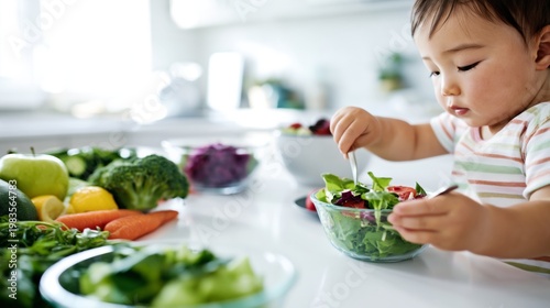 Child Enjoys Salad While Sitting at Kitchen Table With Fresh Vegetables in View