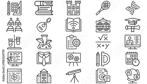 25 Black Vector Icon Set Collection: Minimalist Symbols for Education, Science, Business, and Technology. Includes School Supplies, Graduation, Lab Tools, DNA, Castle, Music, and Digital Learning.