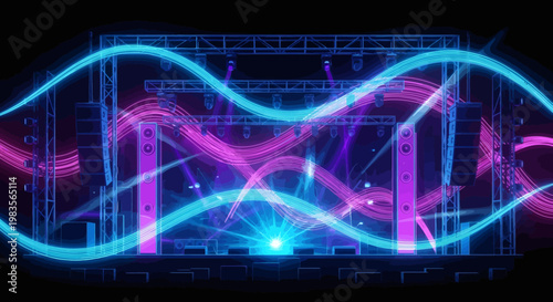 Vibrant stage lighting with neon blue and pink wavy patterns creating an energetic concert atmosphere
