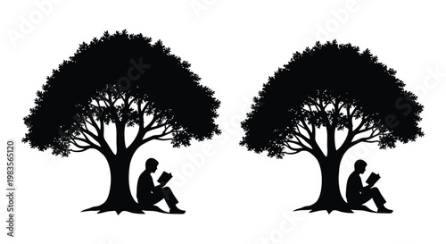 Two silhouetted trees with a person reading under each one