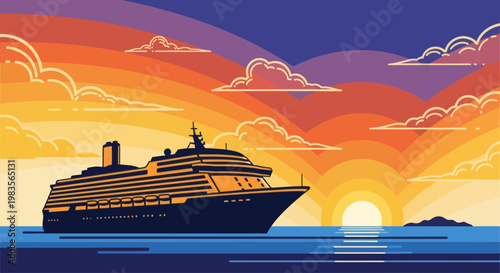 Cruise ship sailing on the ocean at sunset with vibrant clouds and sun on the horizon
