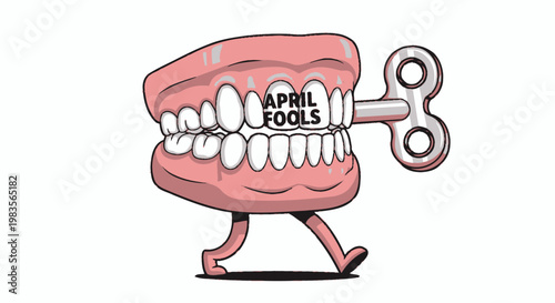 Whimsical illustration of chattering false teeth with a wind-up key, perfect for April Fools' Day themes