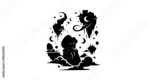 Black silhouette of a woman surrounded by floral patterns and decorative elements.