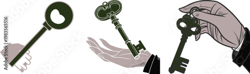 Hands Holding Vintage Ornamental Skeleton Keys Security Access Concepts Vector Silhouette and Pictogram Icon Set