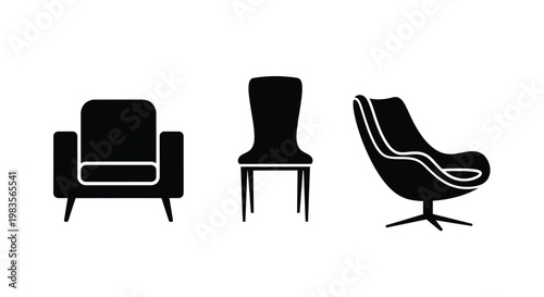 A collection of three distinct chair silhouettes in black and white