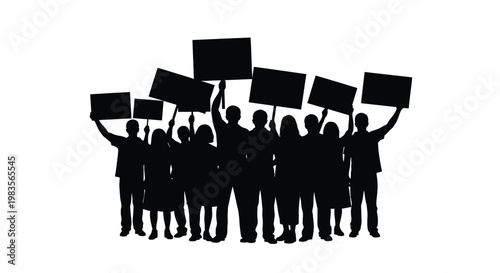 Silhouette of a group of people protesting with raised signs