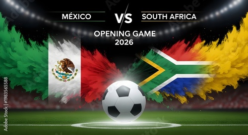 Mexico vs south africa soccer match opening game 2026 with flags and ball on field